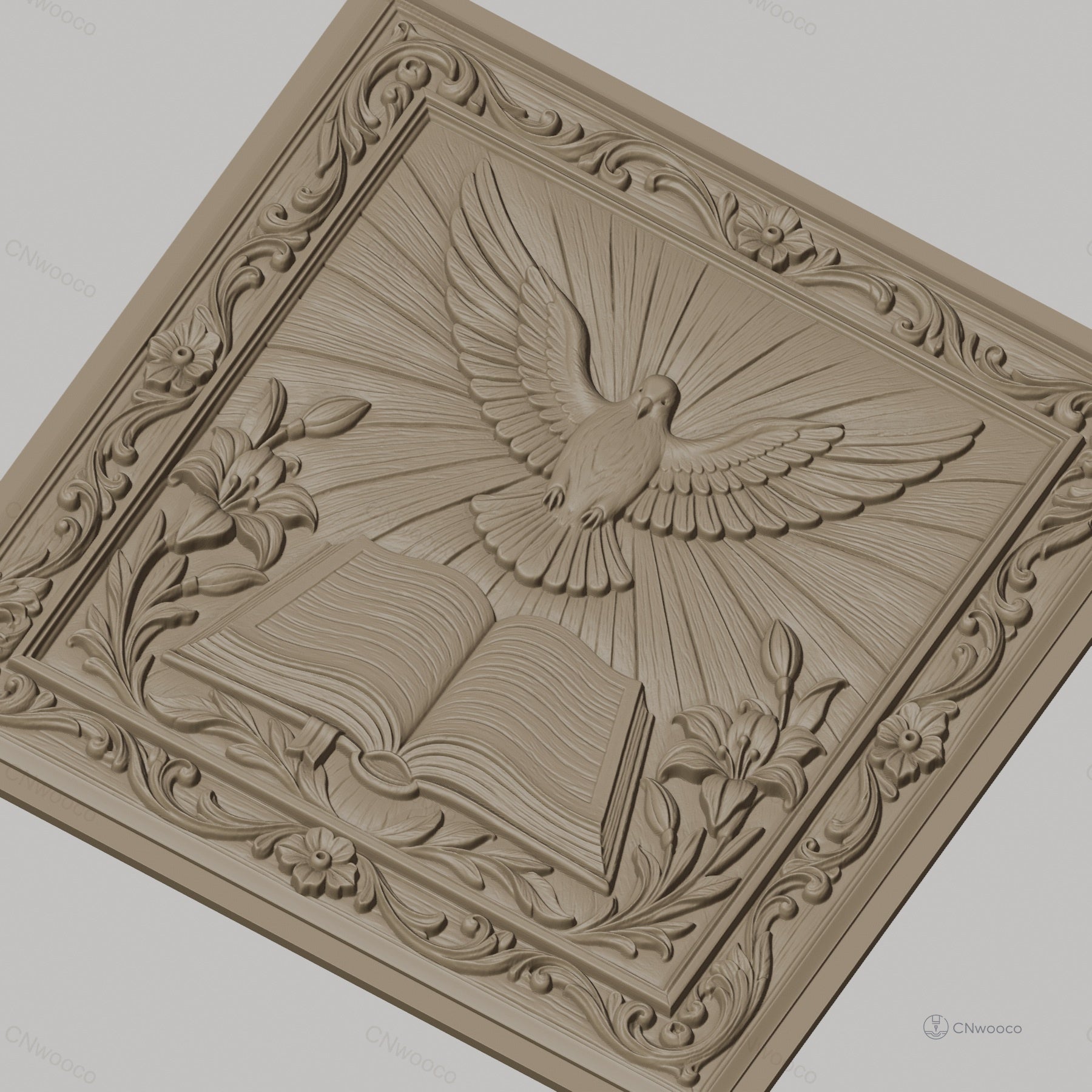 Fichier CNC & impression 3D colombe sacrée, livre ouvert fleurs et cadre ornemental, haute qualité relief STL