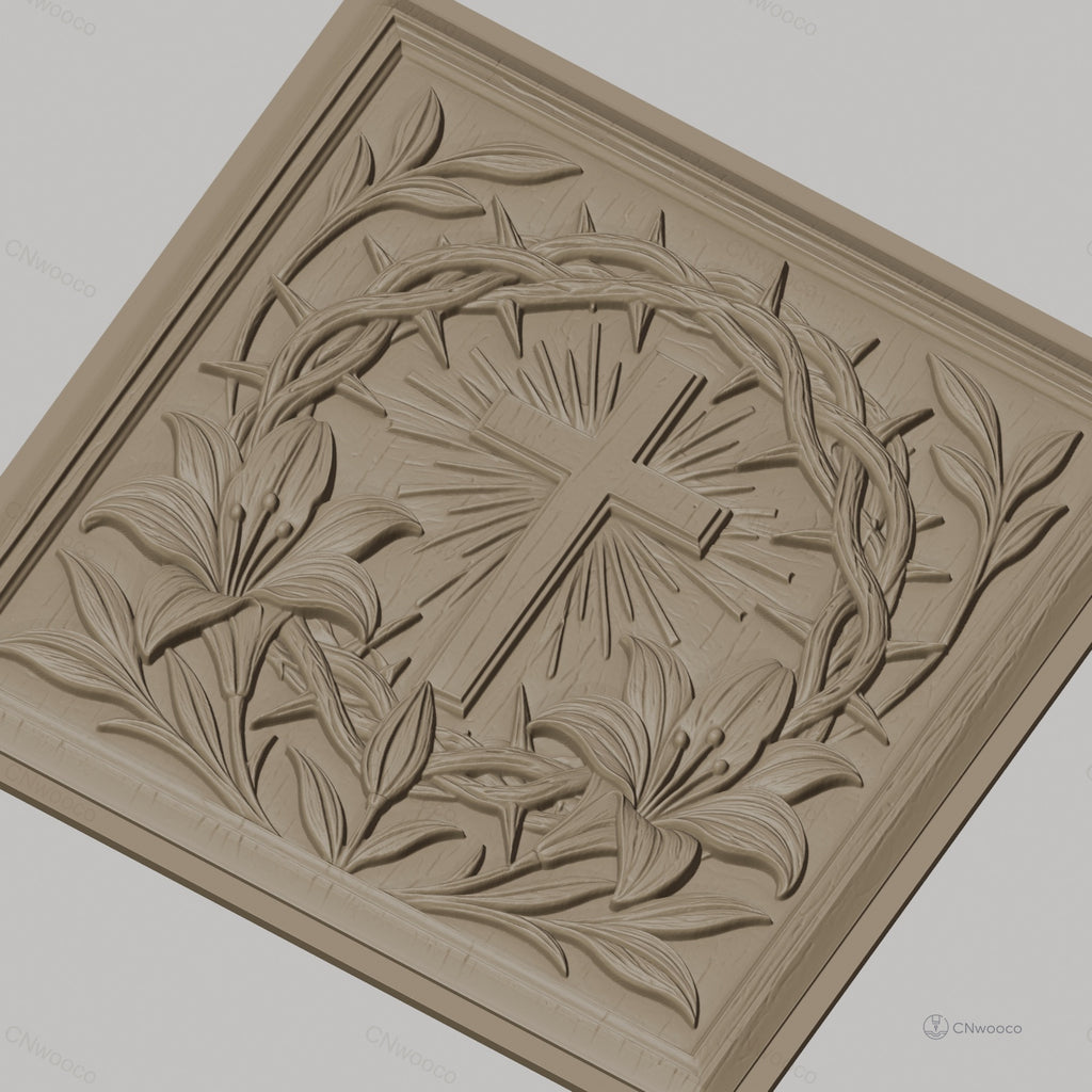 Fichier CNC & impression 3D croix chrétienne, couronne d’épines et lys, haute qualité relief STL