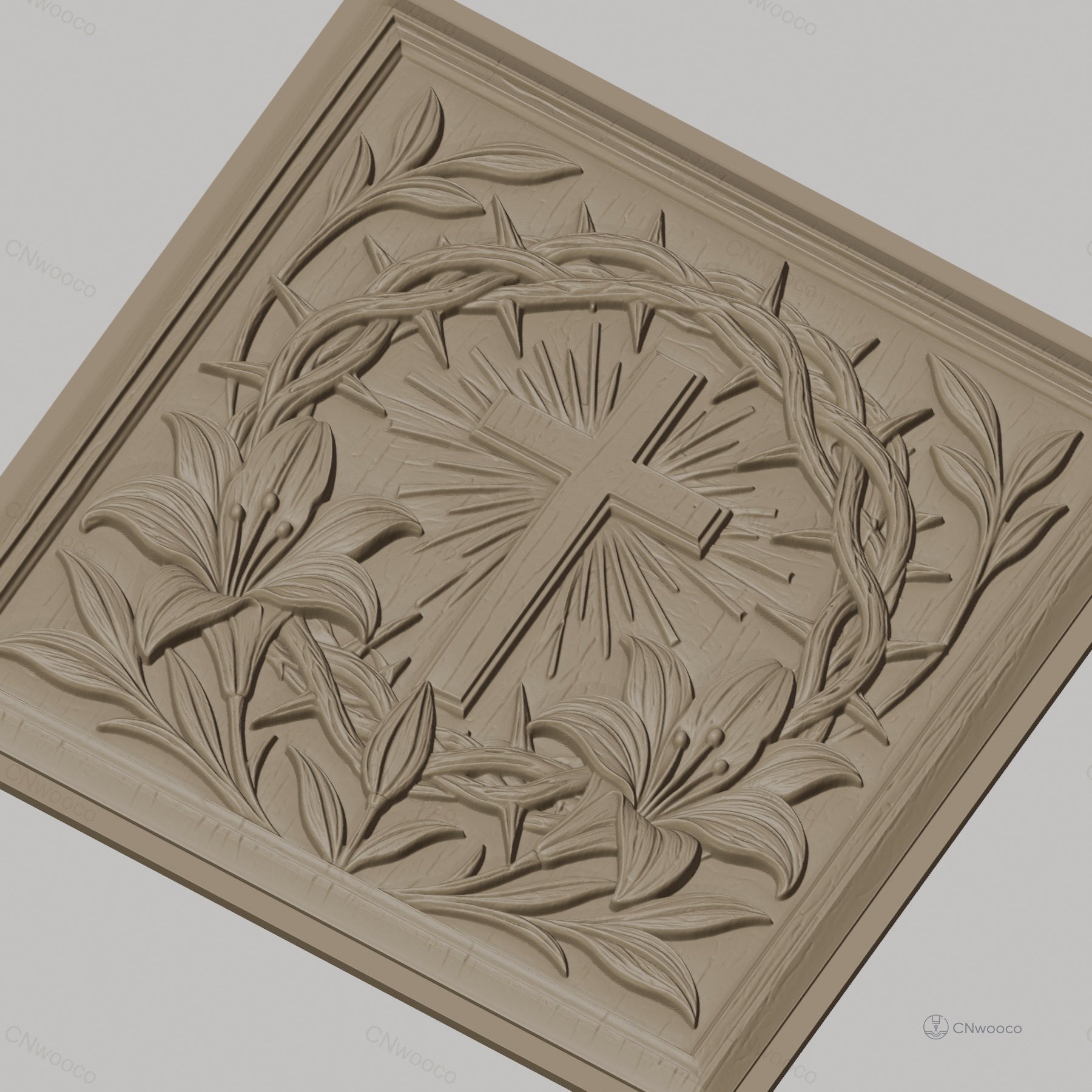 Fichier CNC & impression 3D croix chrétienne, couronne d’épines et lys, haute qualité relief STL