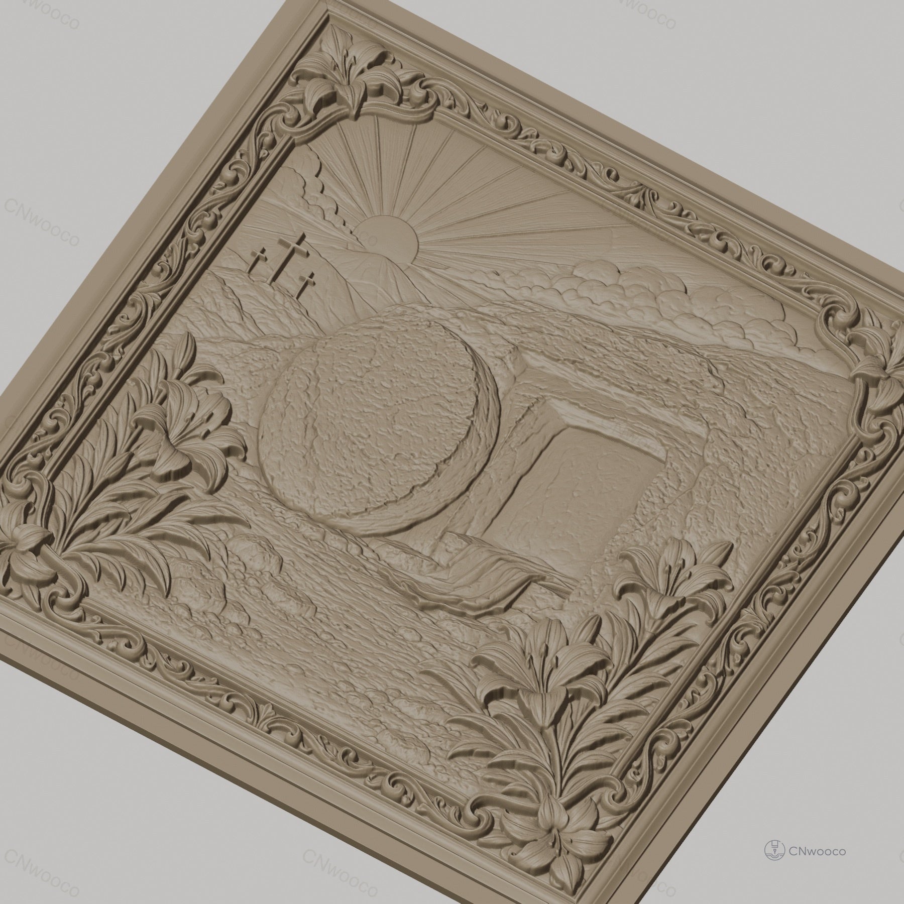Fichier CNC & impression 3D tombeau vide de Jésus, croix et lys, haute qualité relief STL