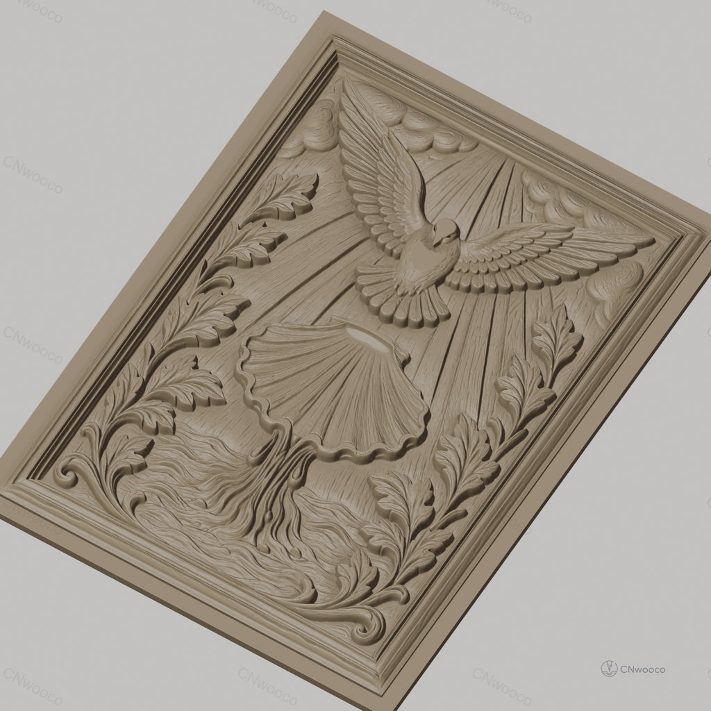 Fichier CNC & impression 3D colombe sacrée, baptême coquille et feuilles, haute qualité relief STL