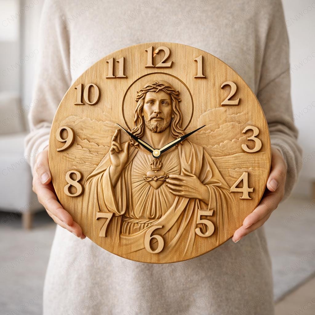 Fichier CNC horloge Jésus Sacré-Cœur – bas-relief chrétien pour sculpture bois, décoration murale religieuse STL