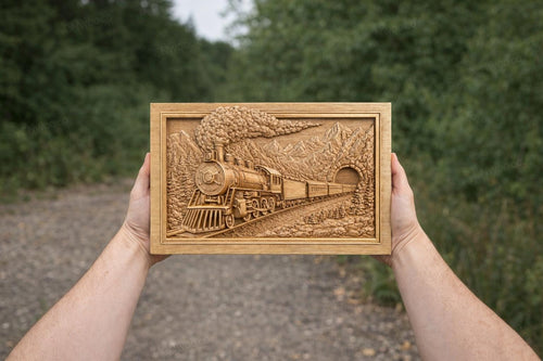 Fichier CNC & impression 3D train vapeur vintage – bas-relief locomotive pour sculpture bois, décoration murale ferroviaire STL