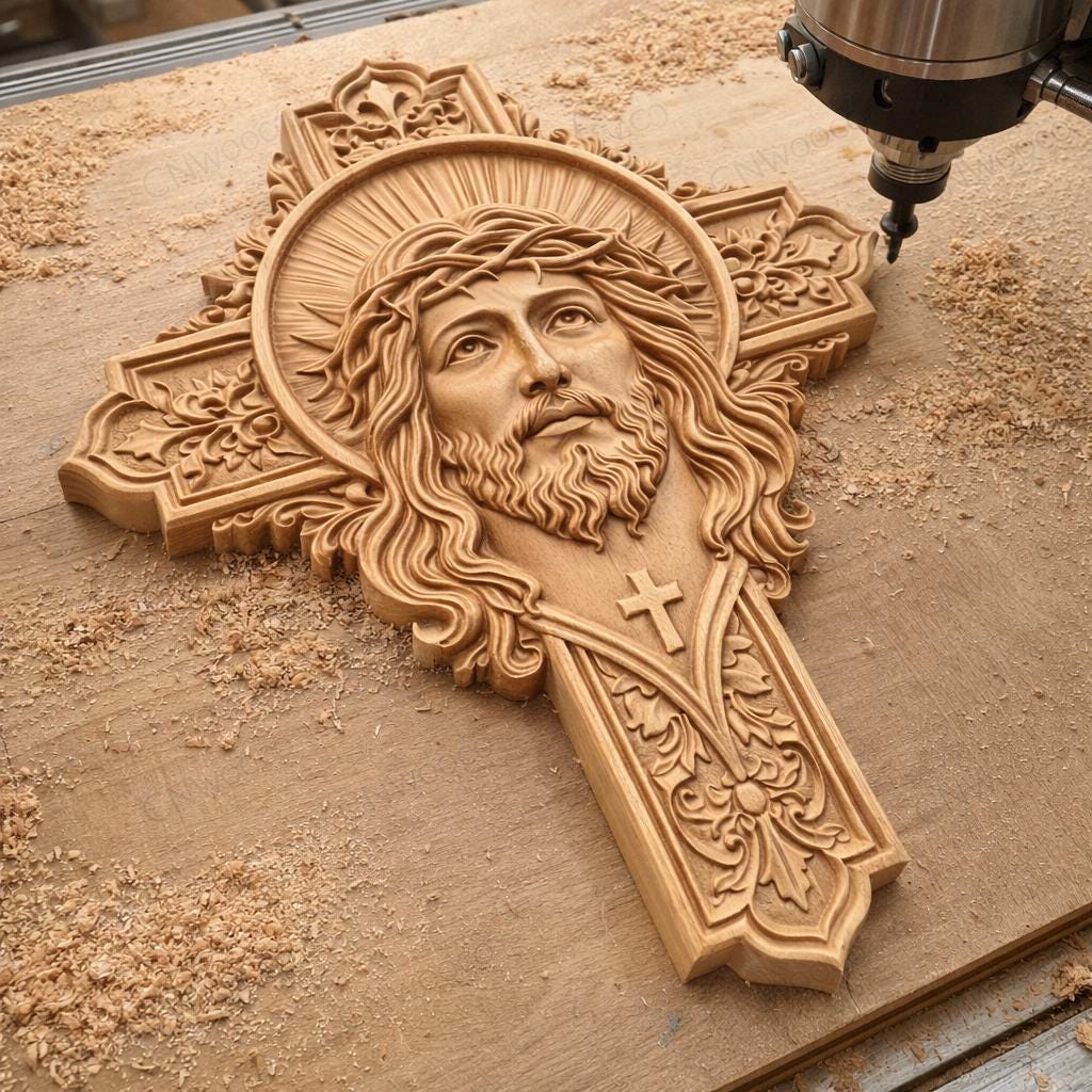 Fichier CNC croix Jésus – bas-relief chrétien pour sculpture bois, décoration murale religieuse STL