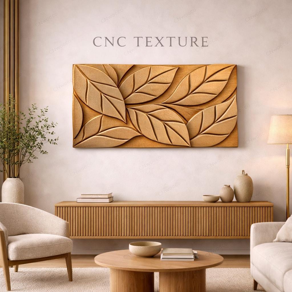 Fichier CNC panneau texture bois feuilles – bas-relief motif nature pour sculpture bois, design façade meuble et décoration murale STL