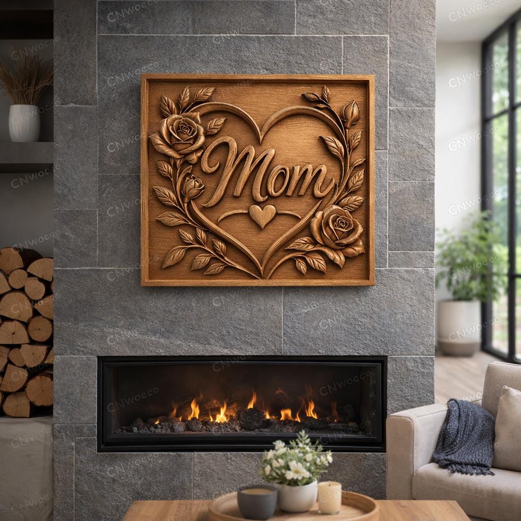 Blumenherz CNC-Datei Rosen – Holz-Basrelief für Muttertagsgeschenk, Wanddekoration Mama STL