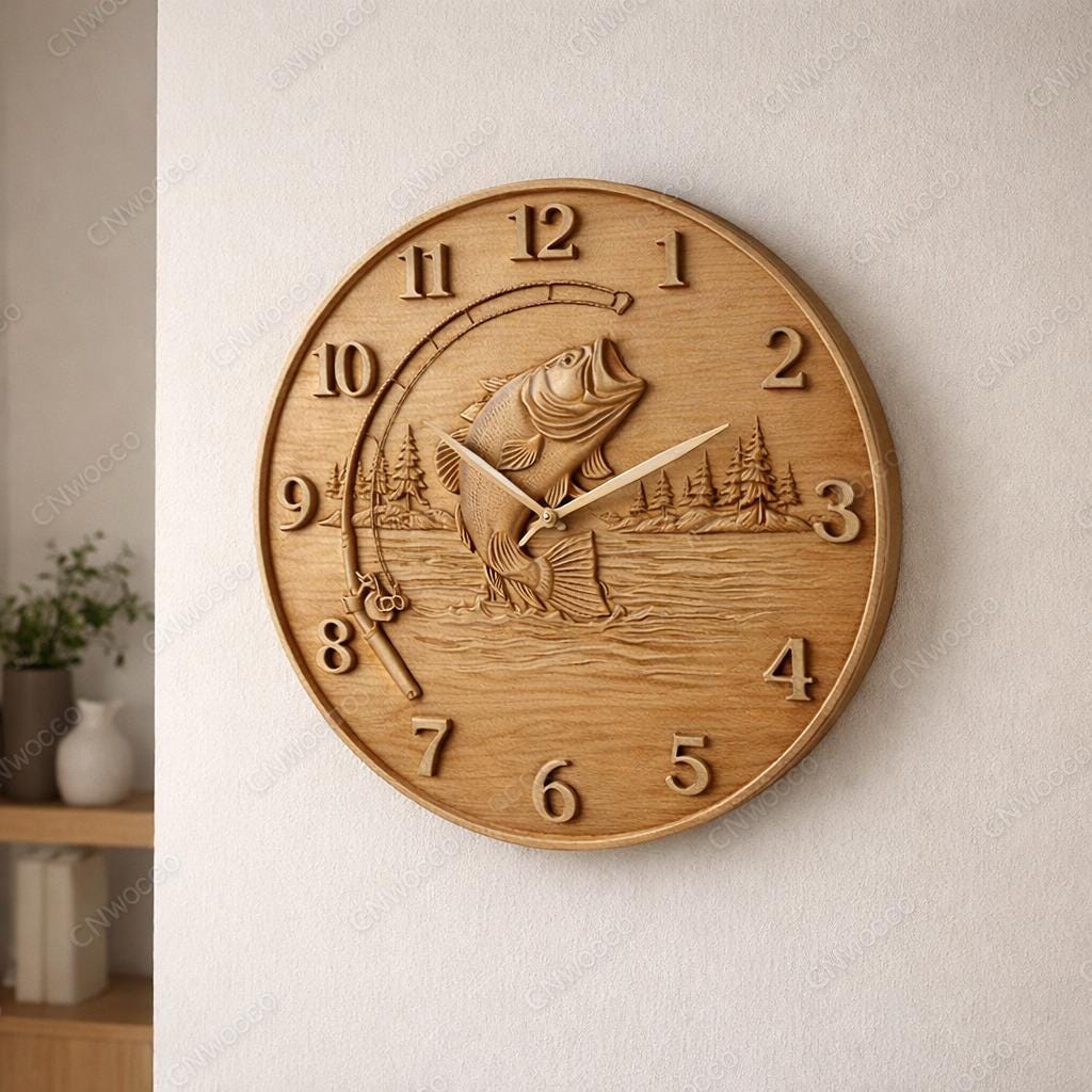 Fichier CNC horloge pêche bass – bas-relief poisson pour sculpture bois, décoration murale pêcheur STL