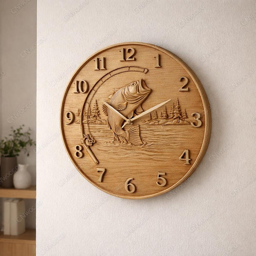 Fichier CNC horloge pêche bass – bas-relief poisson pour sculpture bois, décoration murale pêcheur STL