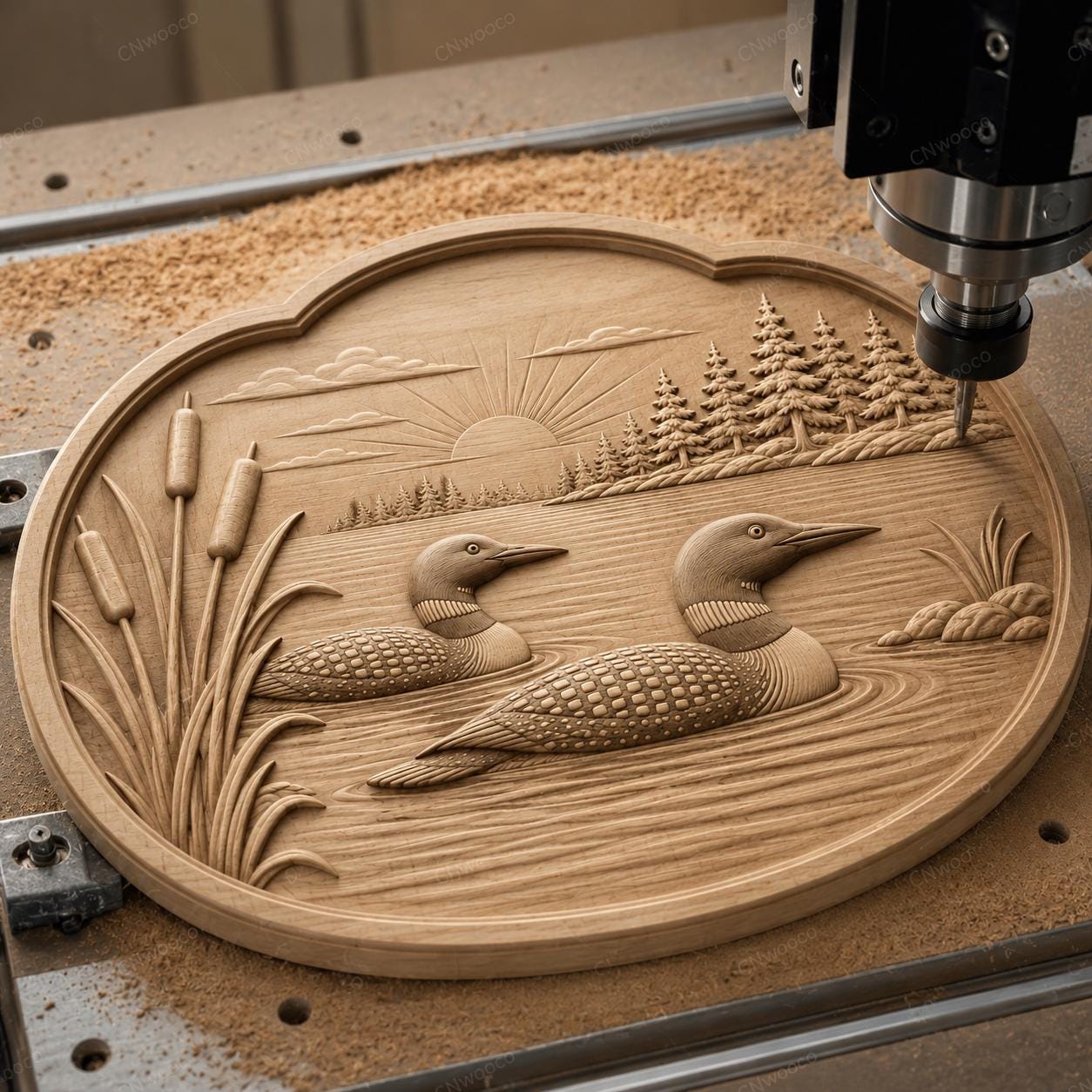CNC & impression 3D huards sur lac avec roseaux et forêt, fichier STL très haute qualité
