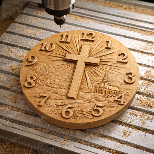 Fichier CNC horloge croix chrétienne – bas-relief religieux pour sculpture bois, décoration murale église STL