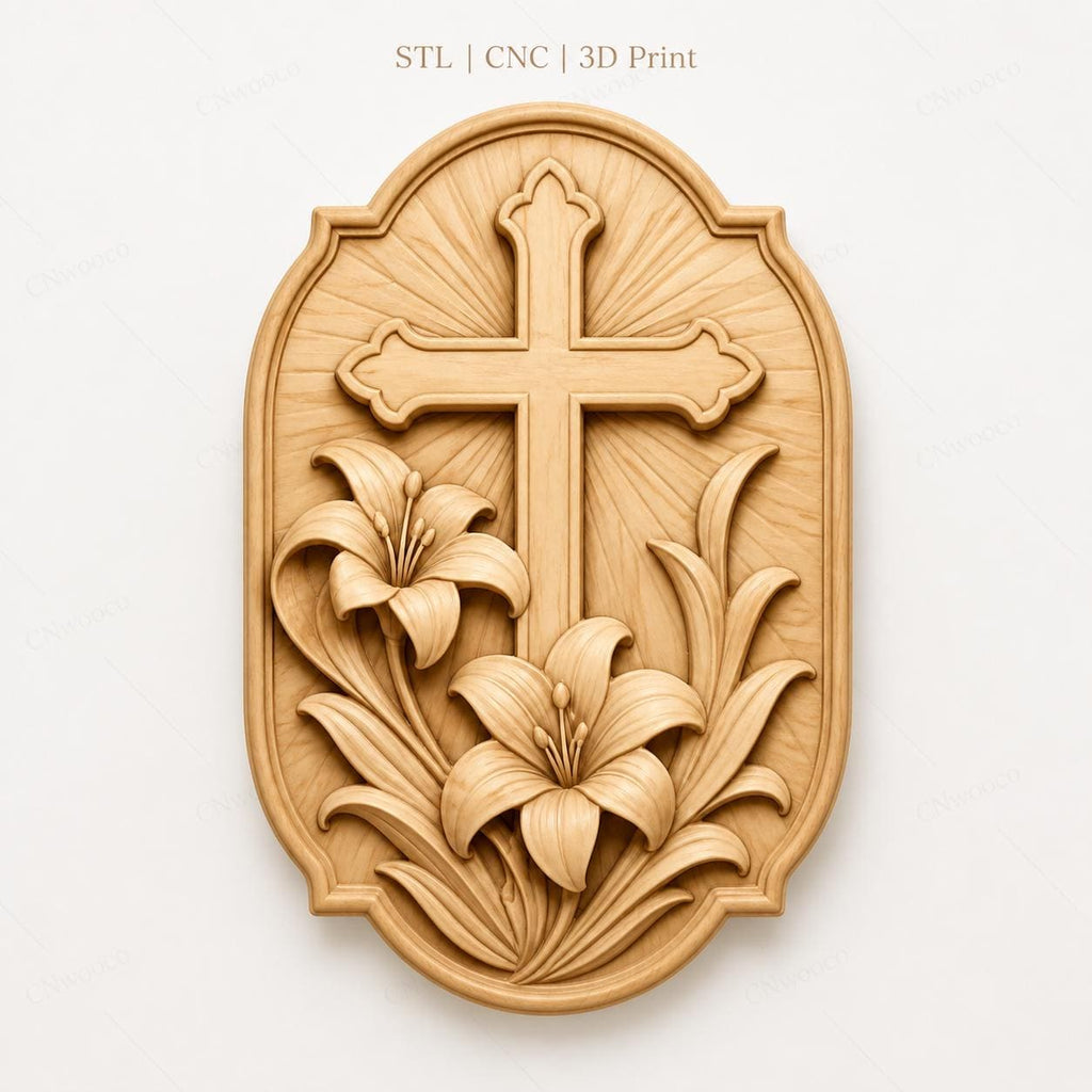 CNC & impression 3D relief croix chrétienne avec fleurs de lys, fichier STL très haute qualité