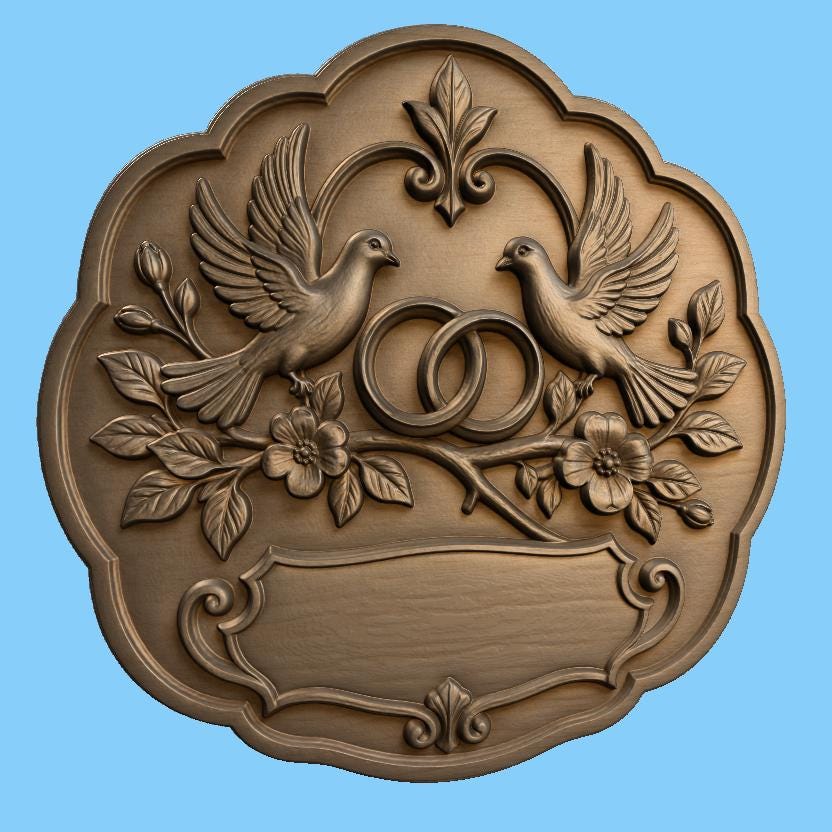 CNC & impression 3D plaque mariage colombes et alliances à personnaliser, fichier STL très haute qualité