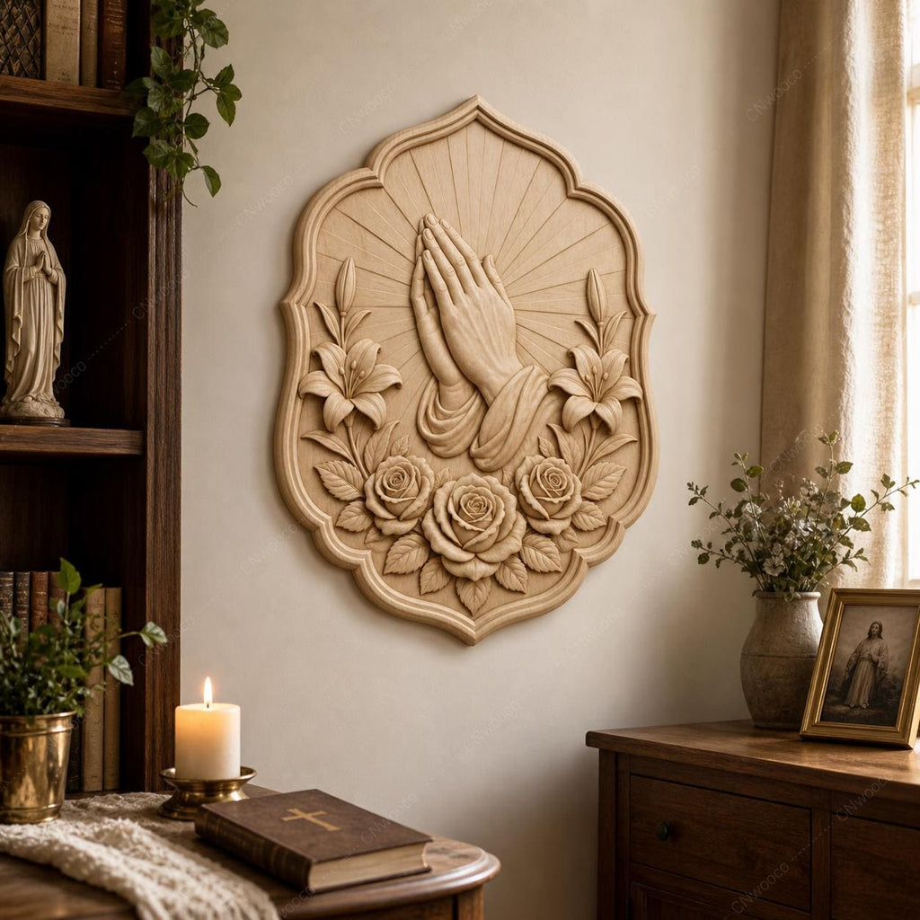 CNC & impression 3D mains en prière avec roses, relief religieux chrétien STL haute qualité pour sculpture bois