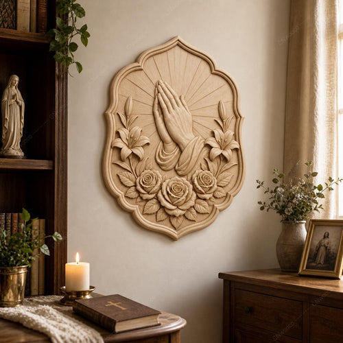 CNC & impression 3D mains en prière avec roses, relief religieux chrétien STL haute qualité pour sculpture bois