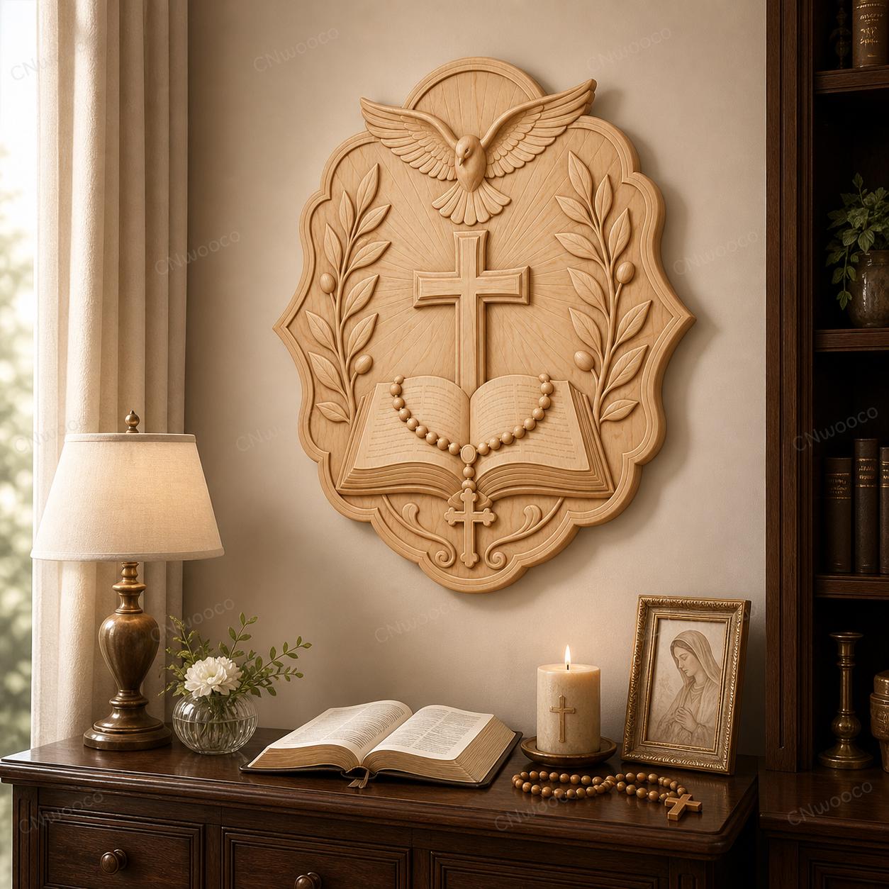 CNC & impression 3D croix avec Bible colombe et chapelet, STL haute qualité pour sculpture bois