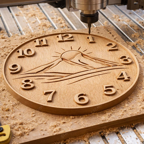 Fichier CNC horloge paysage montagne – bas-relief bois pour sculpture CNC, décoration murale rustique STL