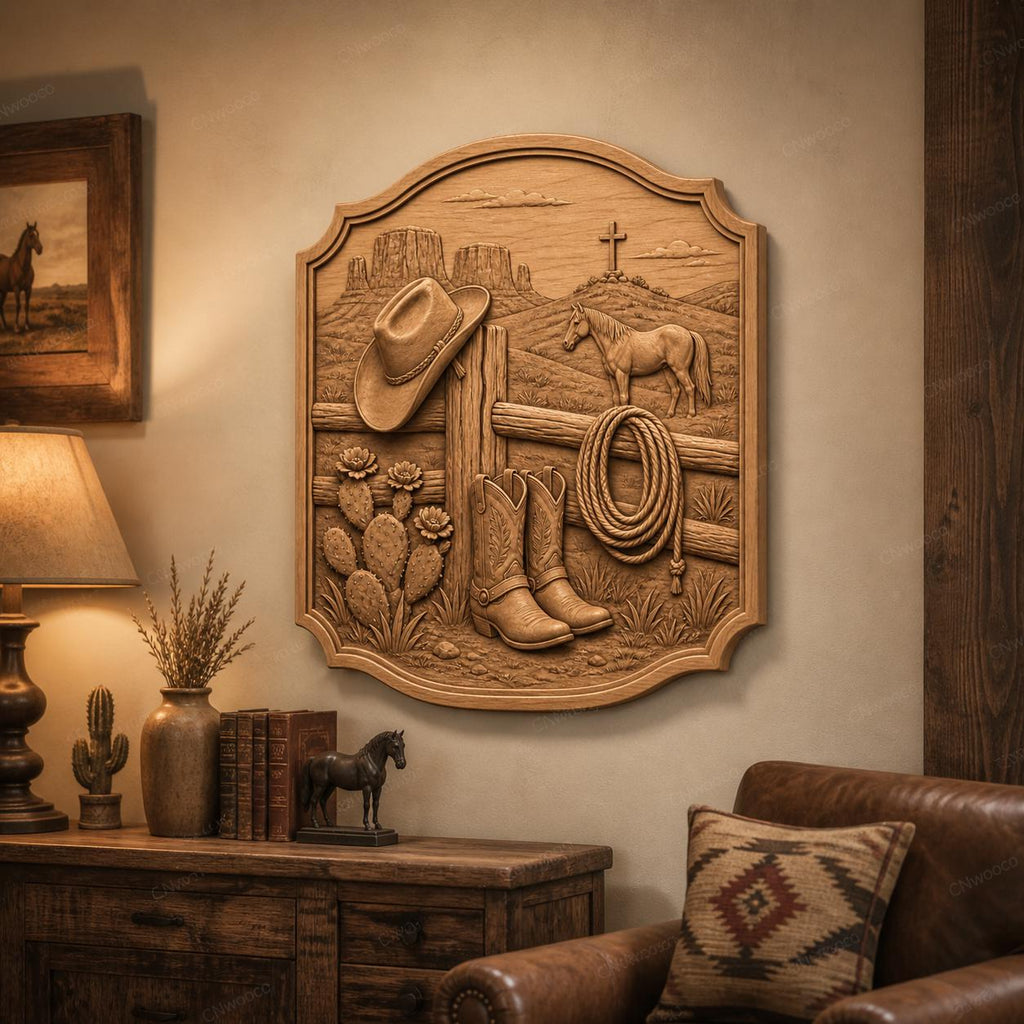 CNC & impression 3D relief western cowboy avec bottes, chapeau, corde et cheval, fichier STL très haute qualité