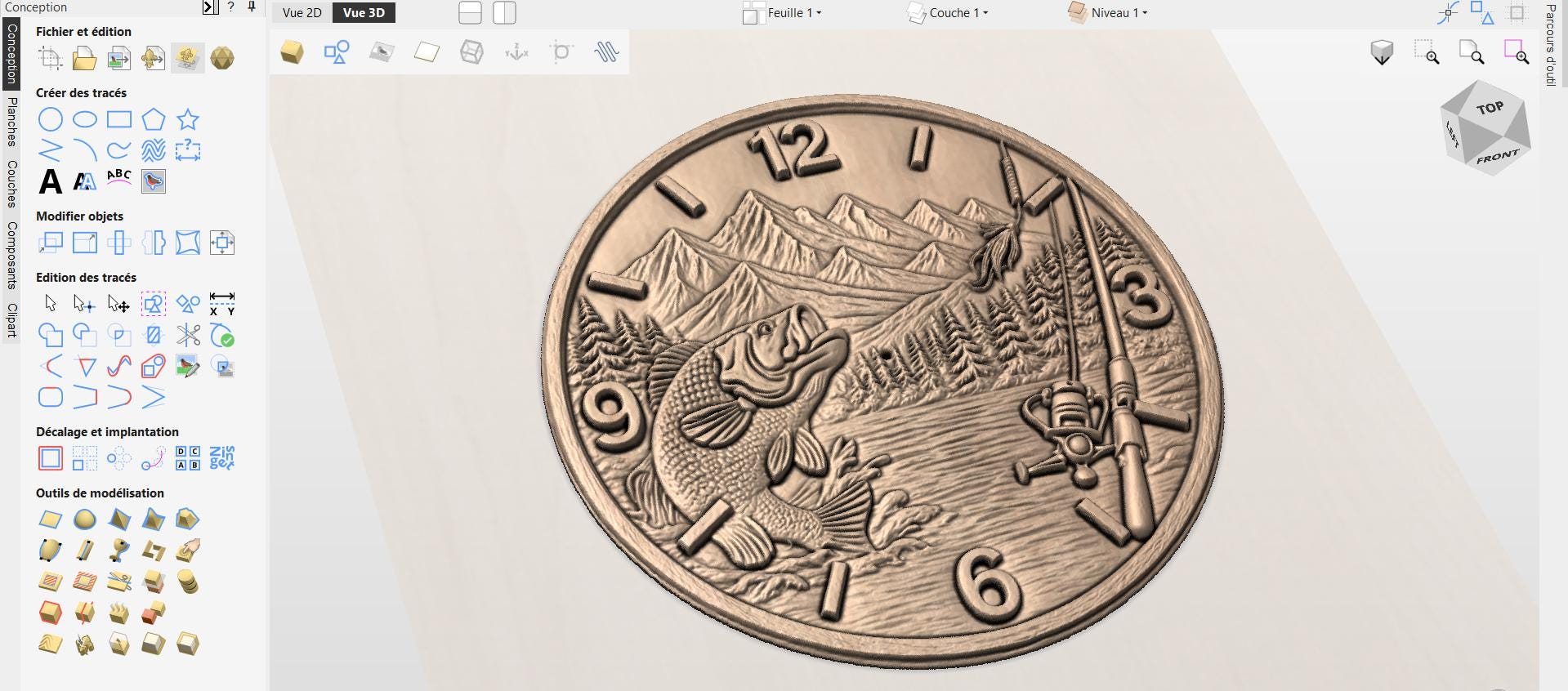 CNC-Datei Fischeruhr – Flachrelief Barsch und See für Holzskulptur, rustikale Wanddekoration Angeln STL