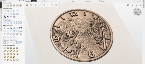 Fichier CNC horloge pêcheur – bas-relief bass et lac pour sculpture bois, décoration murale pêche rustique STL