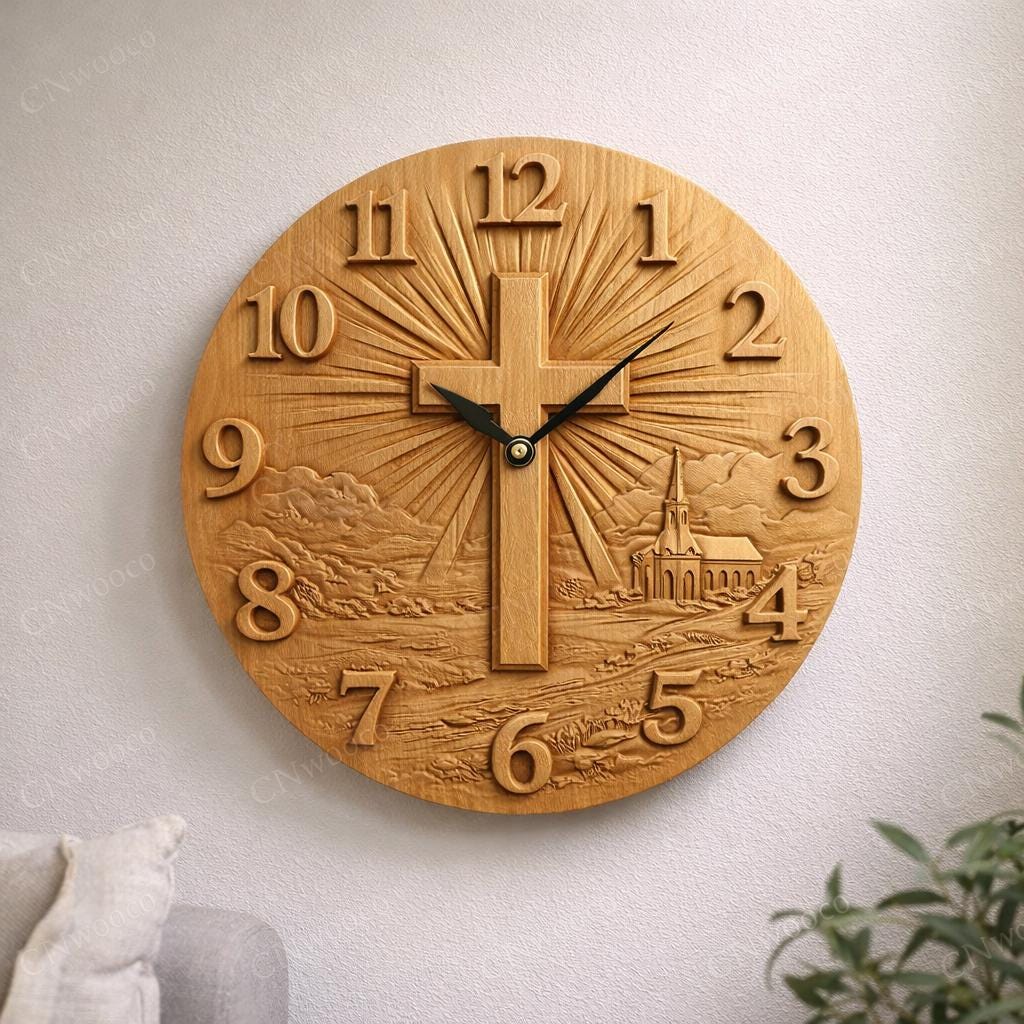 Fichier CNC horloge croix chrétienne – bas-relief religieux pour sculpture bois, décoration murale église STL