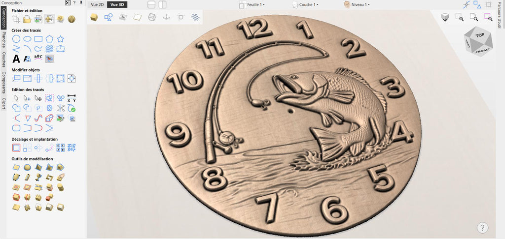 Fichier CNC horloge pêche bass – bas-relief poisson pour sculpture bois, décoration murale pêcheur STL