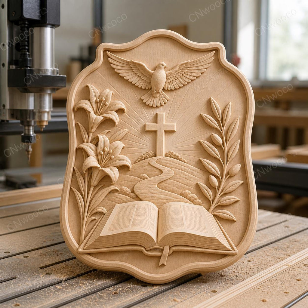 CNC & impression 3D relief Bible ouverte avec croix et colombe, fichier STL très haute qualité