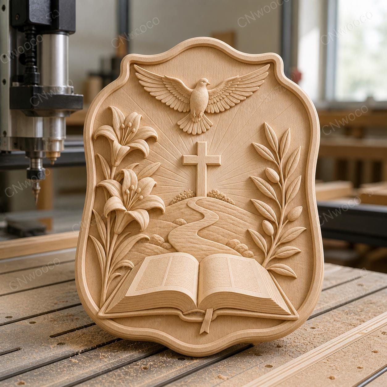 CNC & impression 3D relief Bible ouverte avec croix et colombe, fichier STL très haute qualité