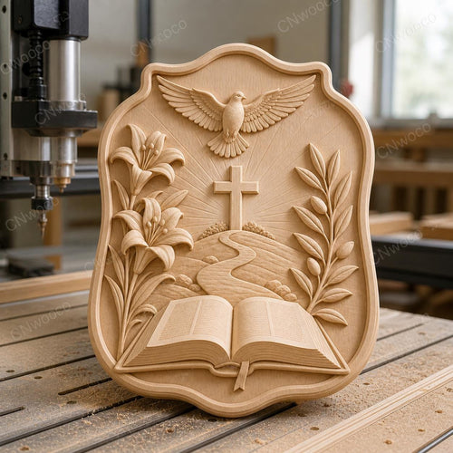 CNC & impression 3D relief Bible ouverte avec croix et colombe, fichier STL très haute qualité