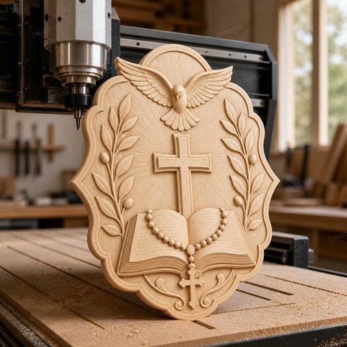 CNC & impression 3D croix avec Bible colombe et chapelet, STL haute qualité pour sculpture bois