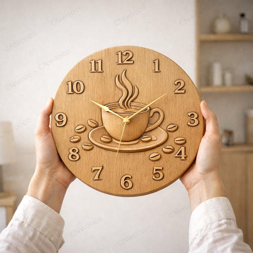 Fichier CNC horloge café – bas-relief tasse de café pour sculpture bois, décoration murale coffee shop STL
