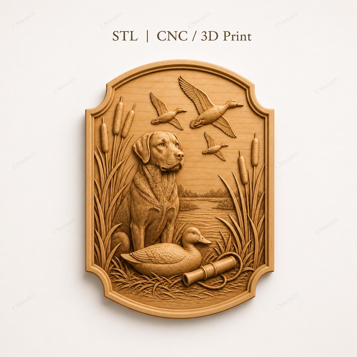 CNC & impression 3D relief chien de chasse avec canards et marais, fichier STL très haute qualité