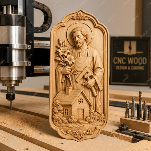 CNC & impression 3D relief Saint Joseph charpentier avec maison, fichier STL très haute qualité