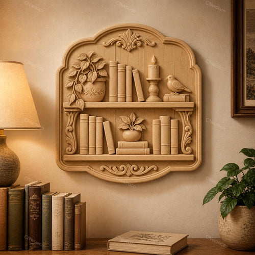 CNC & impression 3D relief bibliothèque avec livres plante bougie et oiseau, fichier STL très haute qualité