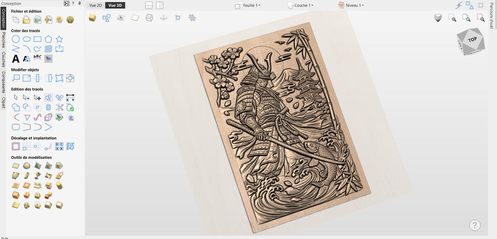 Fichier CNC & impression 3D samouraï japonais et carpe koï – bas-relief asiatique détaillé pour sculpture bois, décoration murale STL