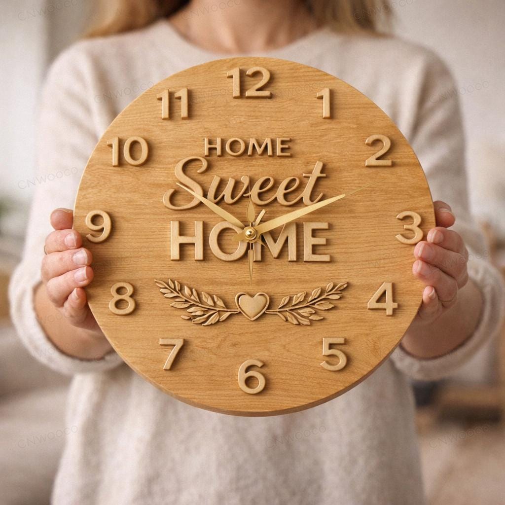CNC-Datei Uhr "Home Sweet Home" – Holz-Flachrelief für CNC-Skulptur, Wanddekoration Haus STL