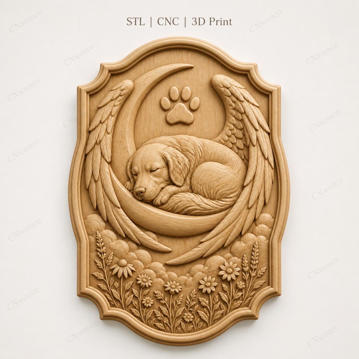 CNC & 3D-Druck Relief schlafender Hund mit Mond und Flügeln, Tiergedenkstück, STL-Datei sehr hohe Qualität