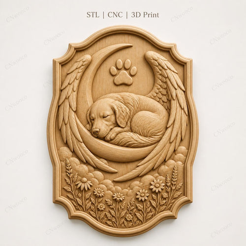 CNC & impression 3D relief chien dormant avec lune et ailes, mémorial animal, fichier STL très haute qualité