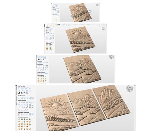 Fichier CNC pack paysages montagne 3 panneaux – bas-reliefs nature pour sculpture bois, décoration murale grand format STL