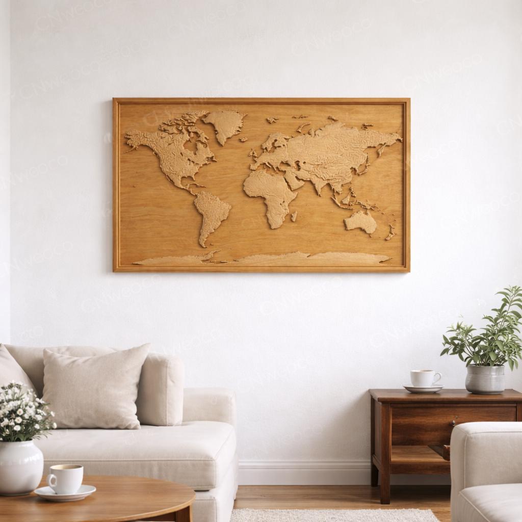 CNC-Datei Weltkarte, geographisches Holzrelief, moderne Wanddekoration, Kartenpaneel, STL 3D Gravurmodell