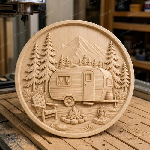CNC & impression 3D relief caravane camping en montagne avec feu de camp, fichier STL très haute qualité