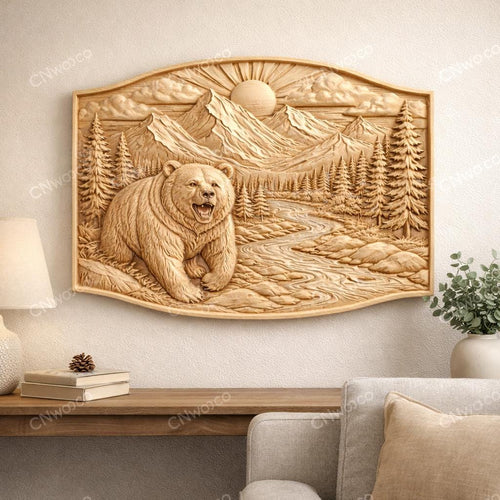 Fichier CNC ours grizzly montagne, bas-relief bois wildlife, décoration murale nature, sculpture bois, modèle gravure 3D STL