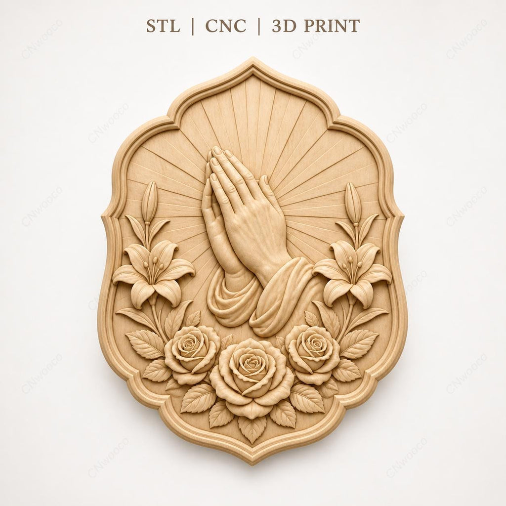 CNC & impression 3D mains en prière avec roses, relief religieux chrétien STL haute qualité pour sculpture bois