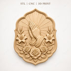 CNC & impression 3D mains en prière avec roses, relief religieux chrétien STL haute qualité pour sculpture bois