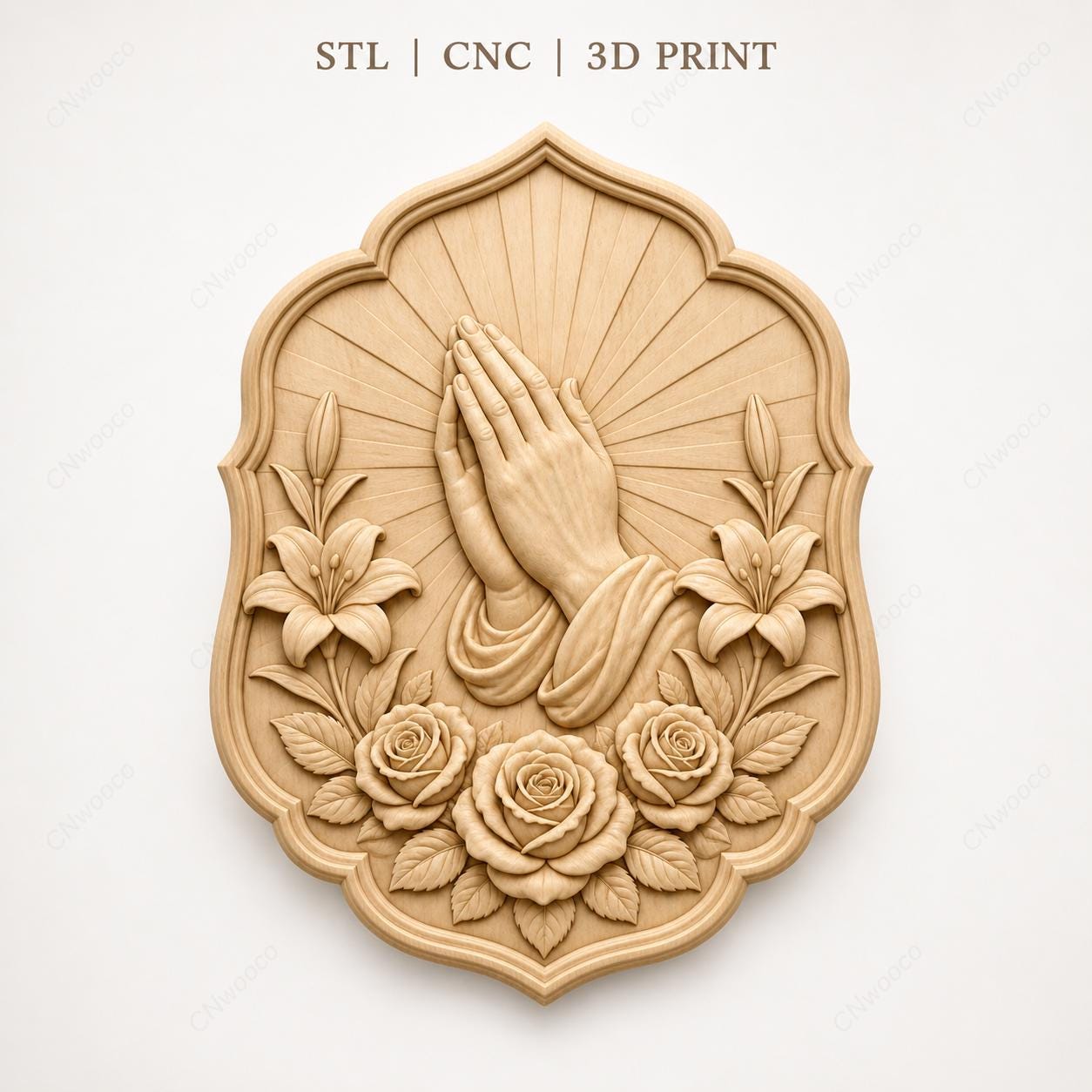 CNC & impression 3D mains en prière avec roses, relief religieux chrétien STL haute qualité pour sculpture bois