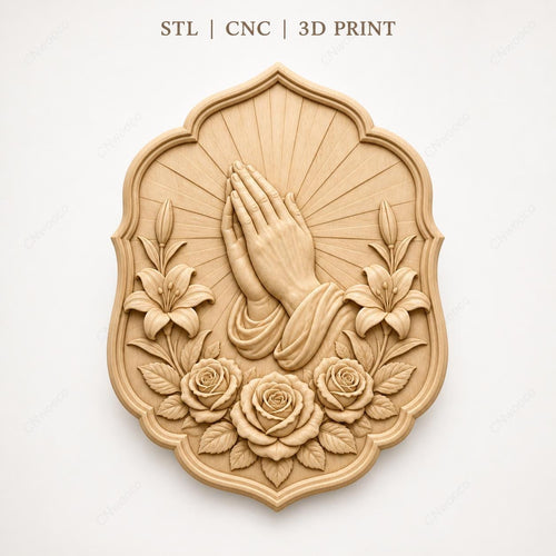 CNC & impression 3D mains en prière avec roses, relief religieux chrétien STL haute qualité pour sculpture bois