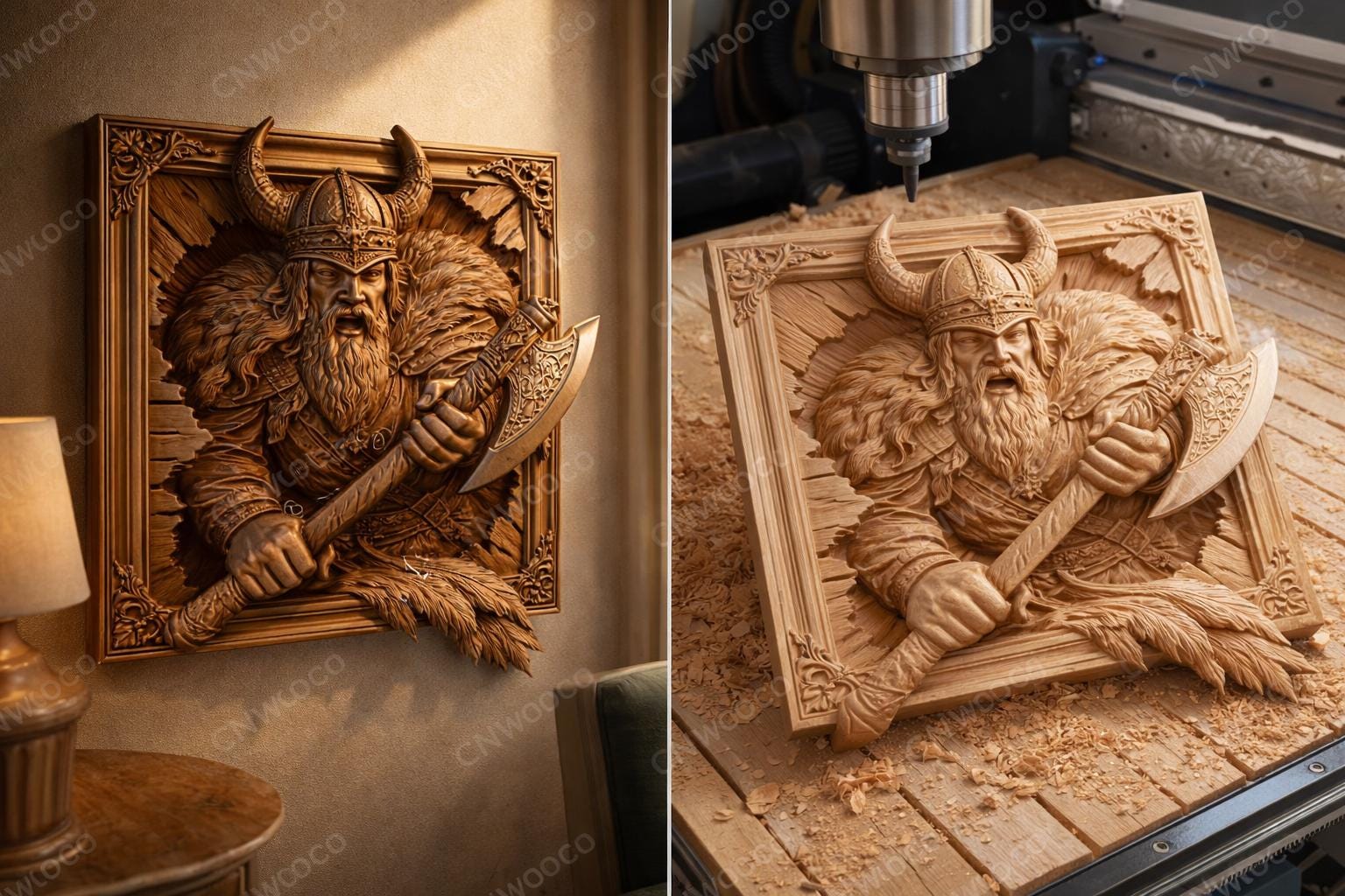 CNC-Datei Wikingerkrieger Nordische Axt, skandinavisches Holz-Basrelief, rustikale Wanddekoration, Holzskulptur, 3D STL Gravurmodell