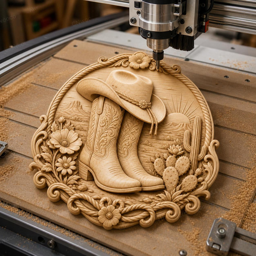 CNC & impression 3D bottes cowboy western, relief ranch STL haute qualité pour sculpture bois et décoration country