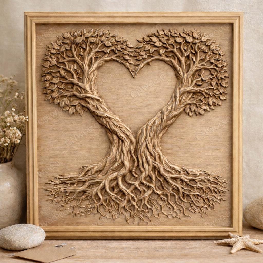 Fichier CNC cœur arbre de vie – bas-relief romantique pour sculpture bois, décoration murale Saint-Valentin STL
