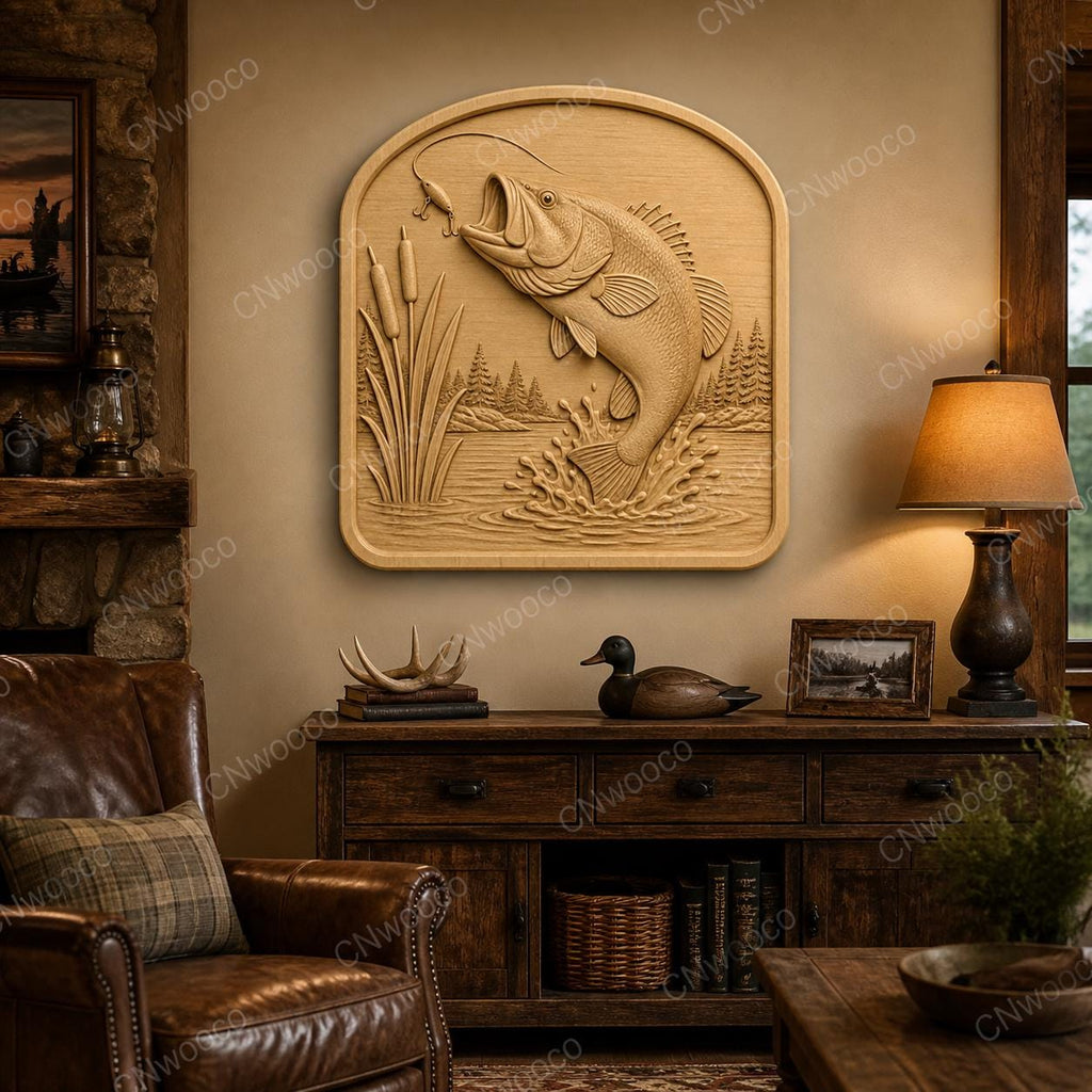 CNC & impression 3D relief poisson bass de pêche avec roseaux, fichier STL très haute qualité