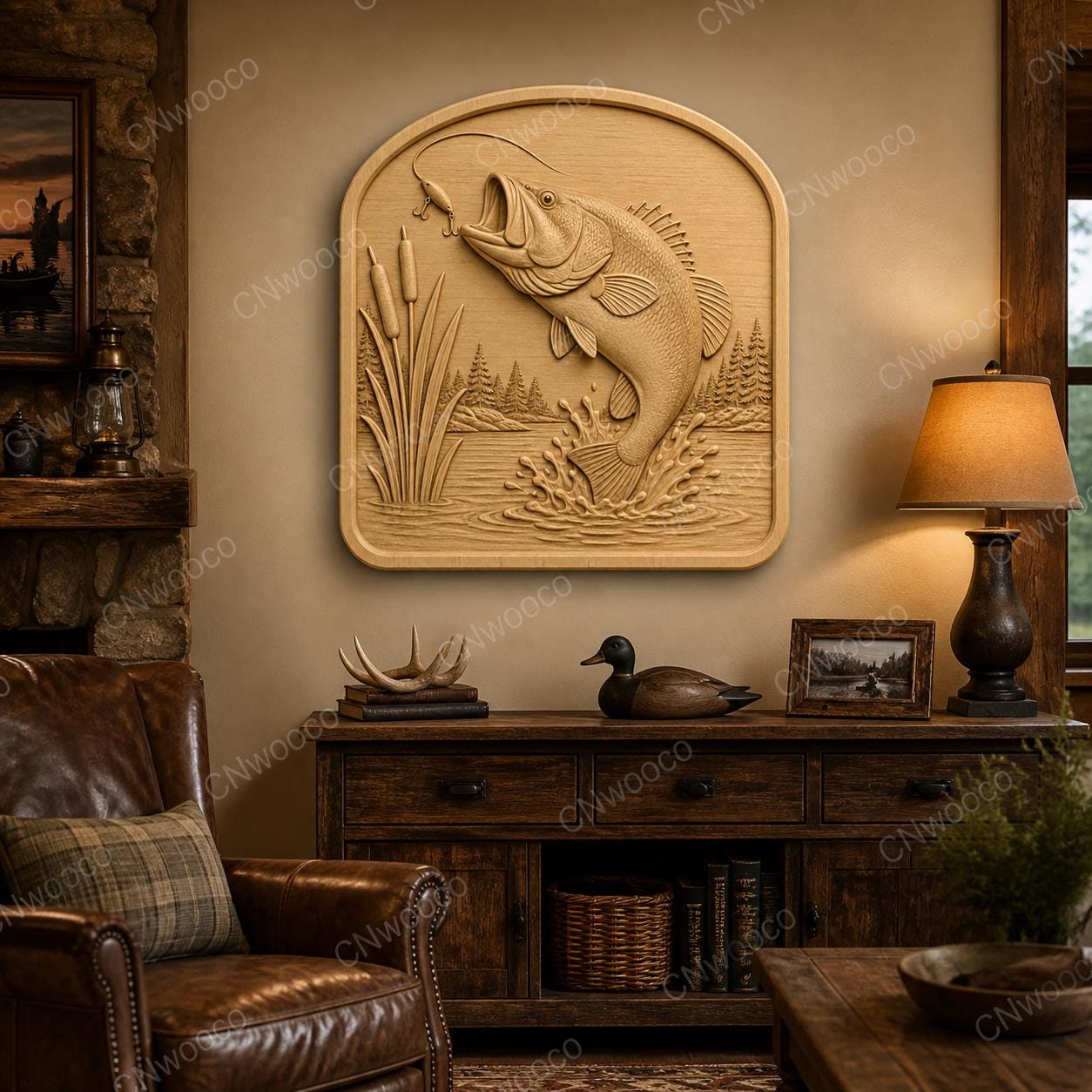 CNC & impression 3D relief poisson bass de pêche avec roseaux, fichier STL très haute qualité